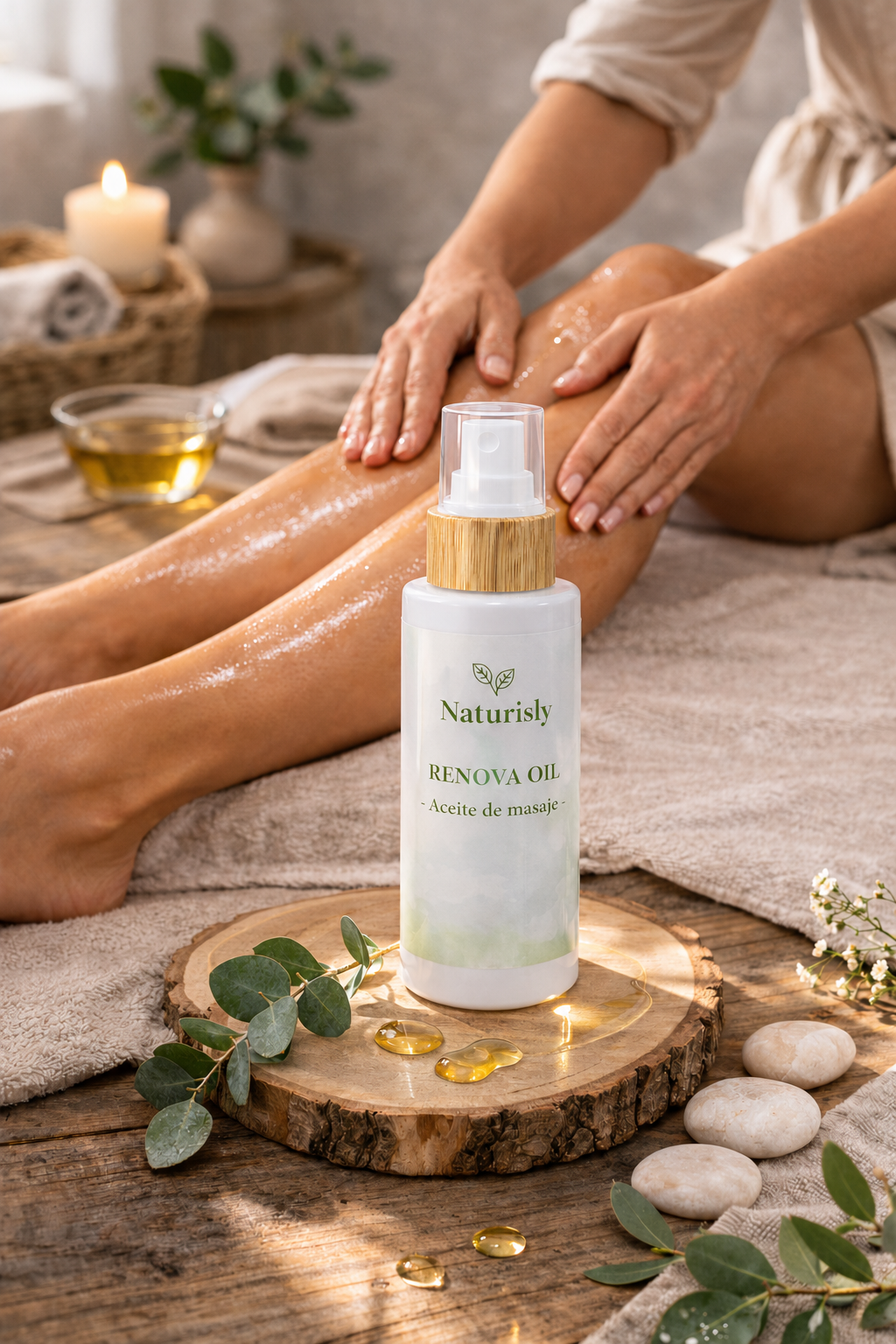 Renova Oil Naturisly aplicado en piernas
